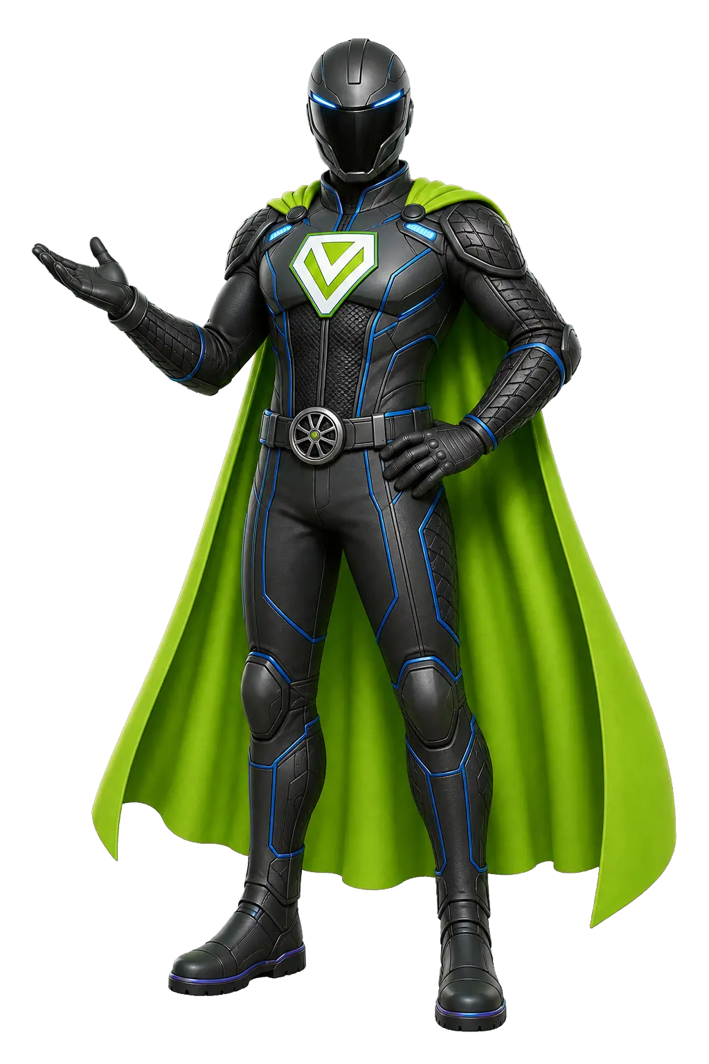 The masked male Your Vehicle Pro action-figure mascot in a vehicle-inspired graphite suit and lime cape